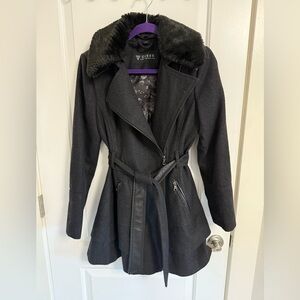 Guess Women's Black Trench Coat with Faux leather accents and faux Fur Collar